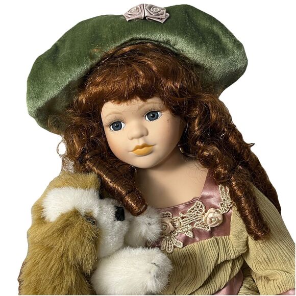 Christmas Around the World Porcelain Doll Victorian Girl Celine Shiloh Plush Dog - Picture 3 of 5